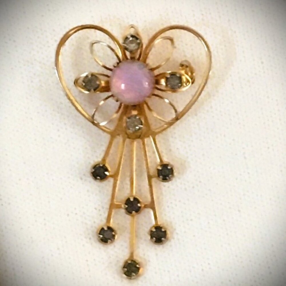 1960s Vermeil Atomic Heart Brooch Pendant with Lustrous Opal and Rhinestones